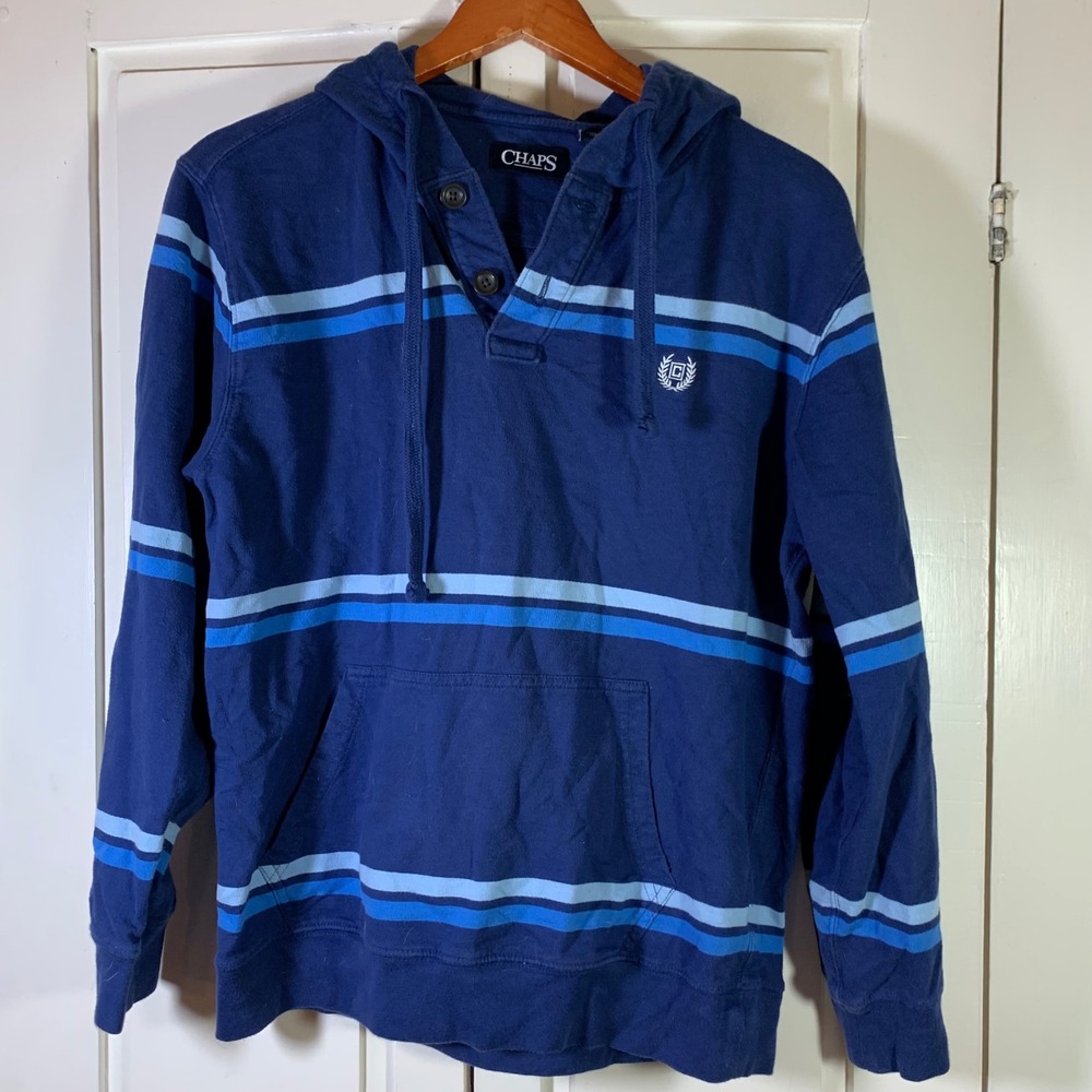 Chaps Mens Navy Blue Striped Rugby Hoodie Button Placket Pullover Medium